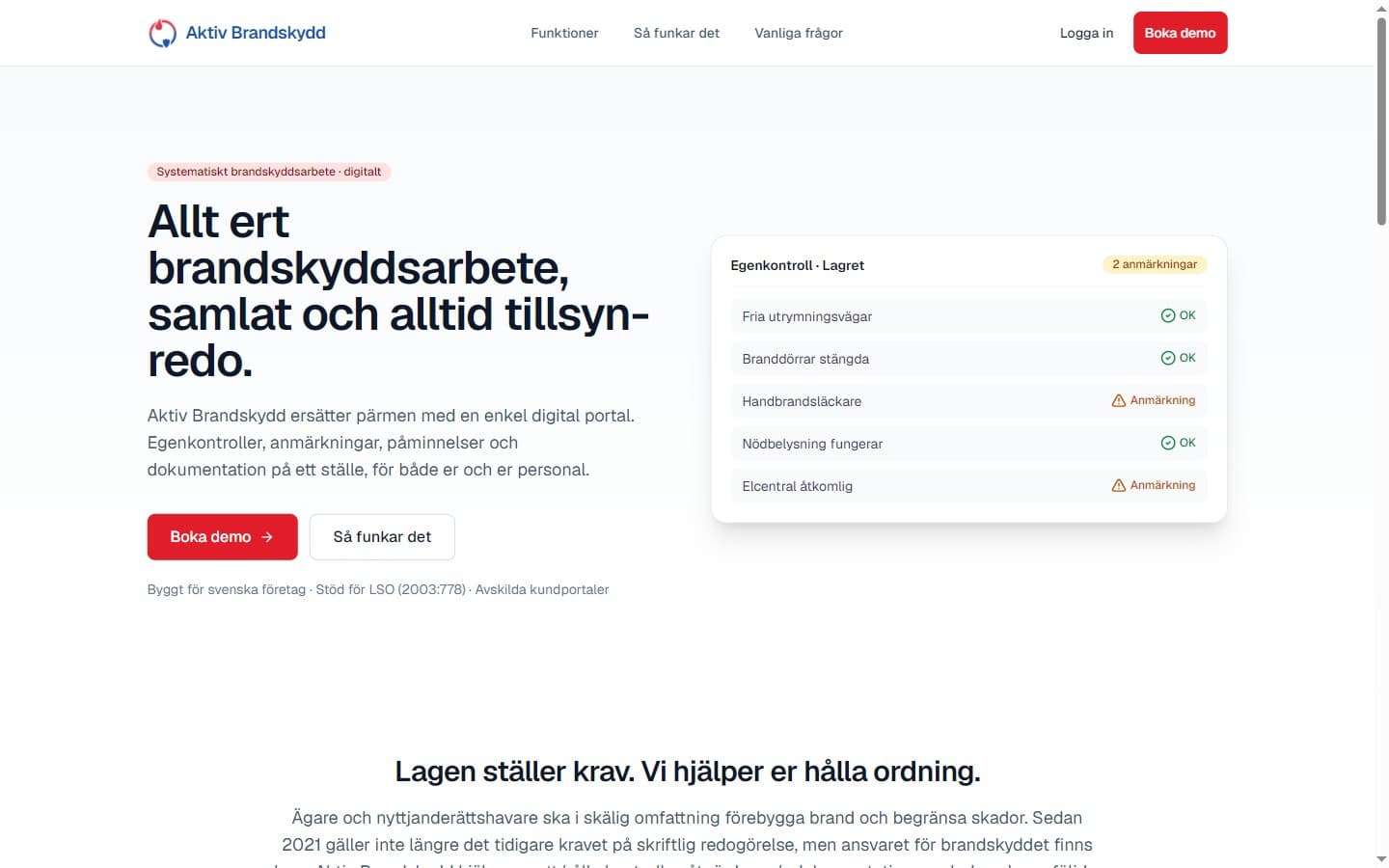 Startsidan för Aktiv Brandskydd med en egenkontroll och dess anmärkningar