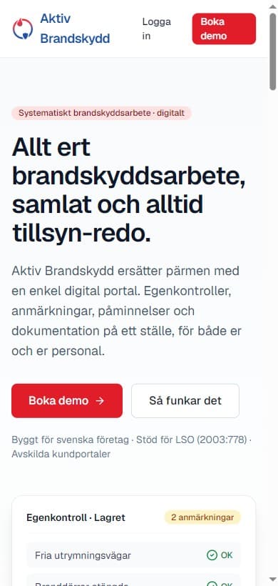 Aktiv Brandskydd i mobilen med knapp för att boka demo