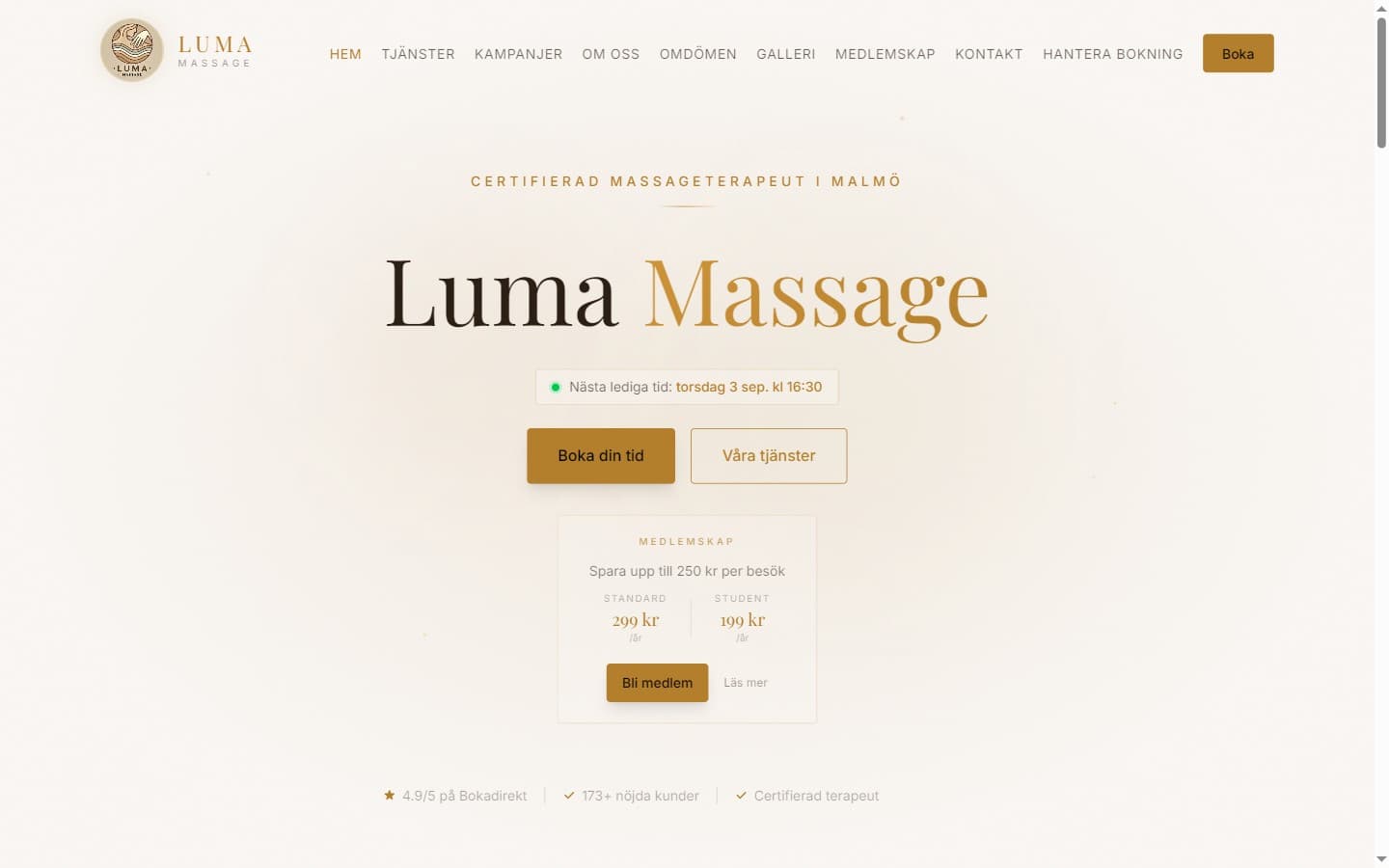 Startsidan för Luma Massage med bokningsknapp och nästa lediga tid