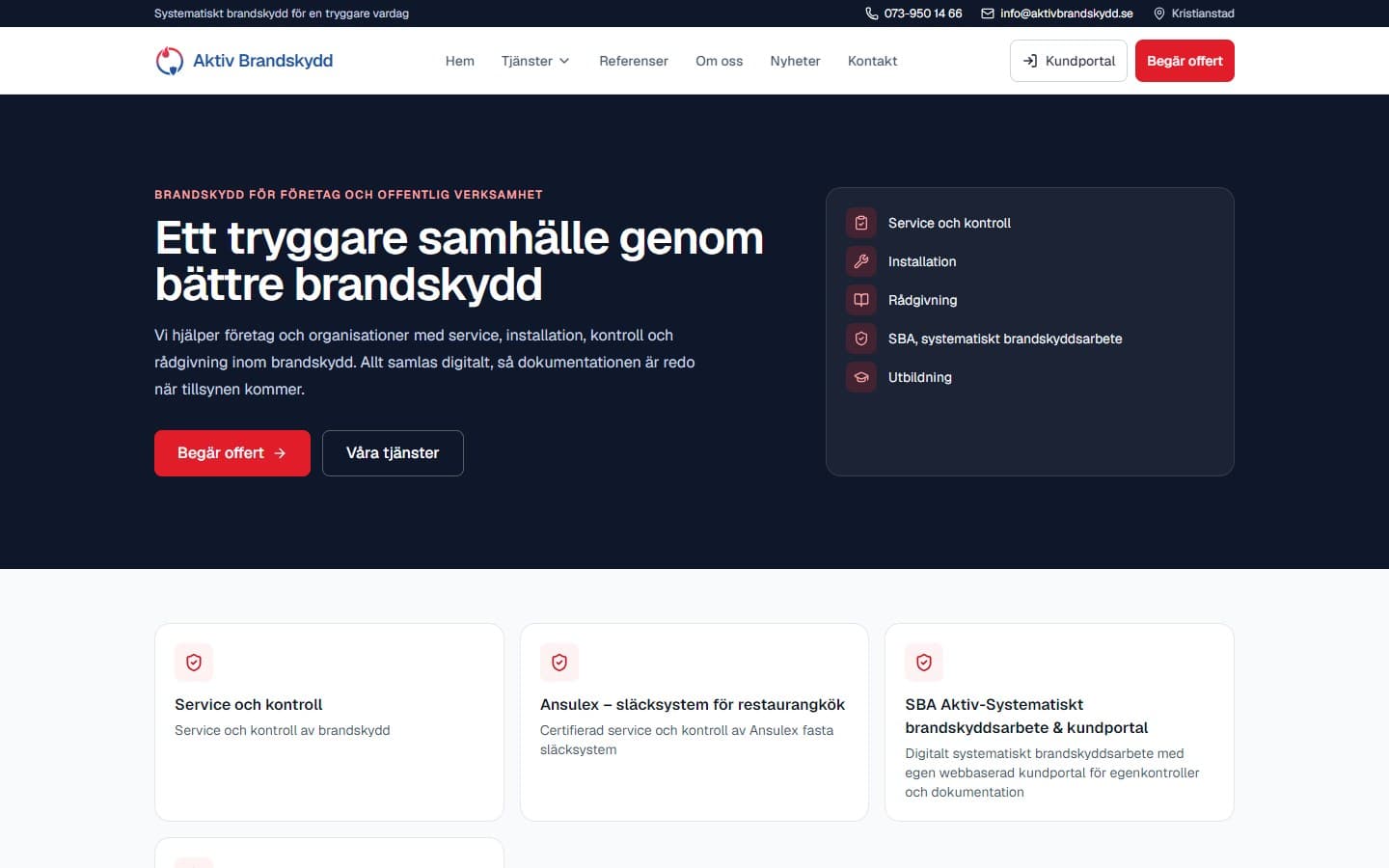 Startsidan för Aktiv Brandskydd: mörk startsida med rubriken Ett tryggare samhälle genom bättre brandskydd.