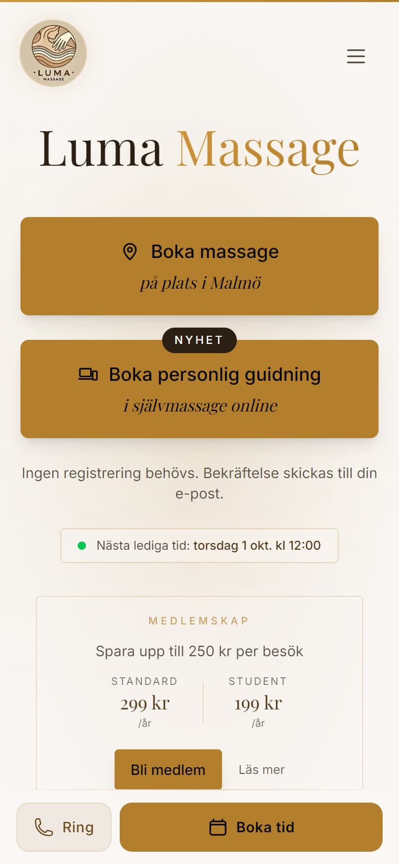 Luma Massage i mobilen: startsidan som besökarna möter