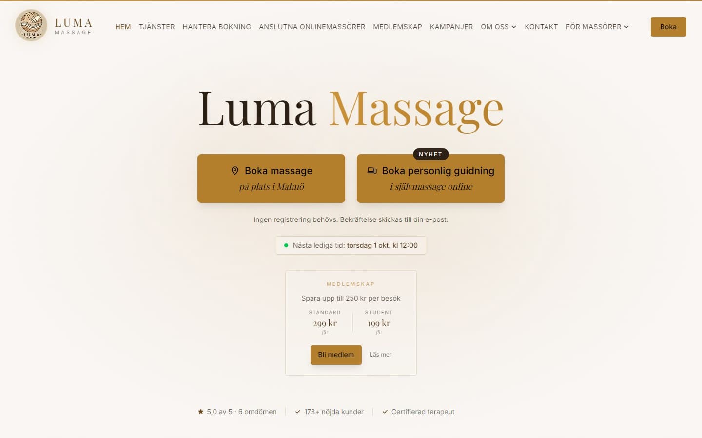 Startsidan för Luma Massage med knapparna Boka massage och Boka personlig guidning, och nästa lediga tid.
